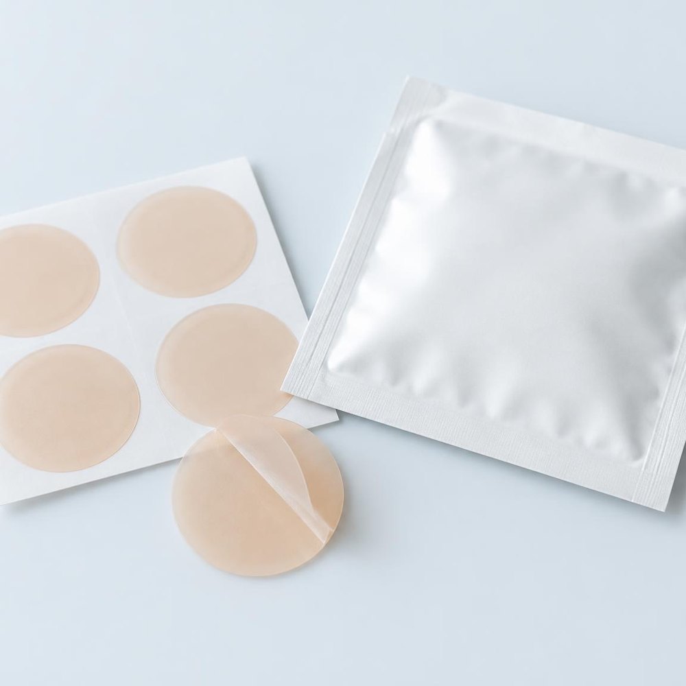 Sheet of round skin patches beside a white sealed pouch