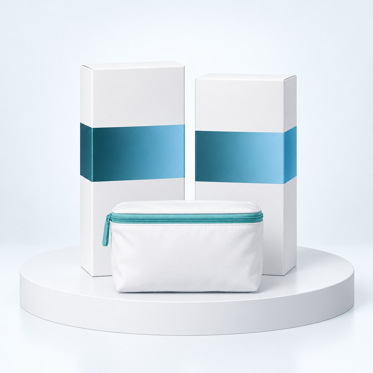 Two white cartons with teal-blue bands and a white cold-shipping pouch