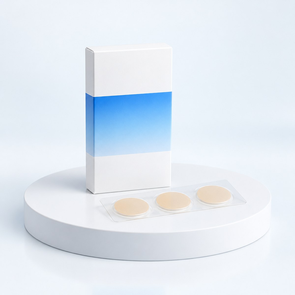 White carton with a blue band and a sheet of round skin patches