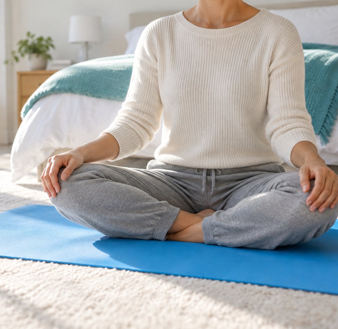 Person sitting calmly on a blue mat in a sunlit bedroom