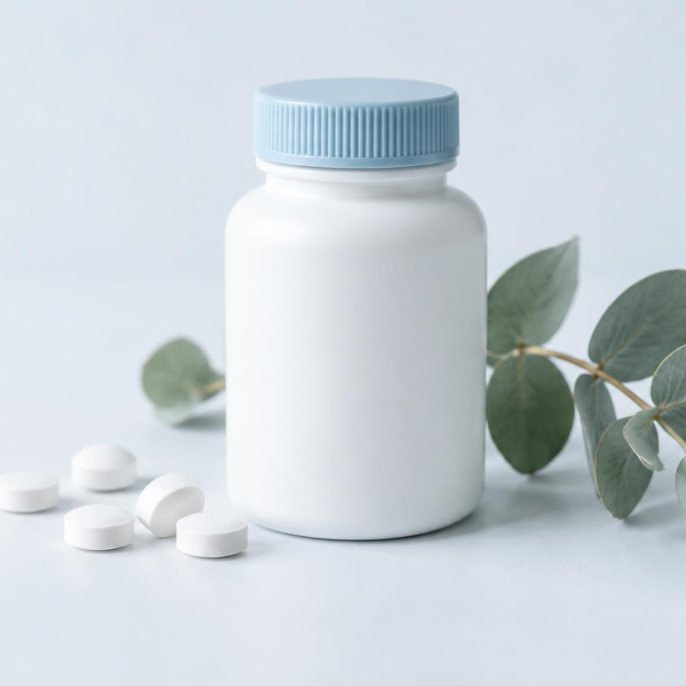 White bottle with a blue cap beside small white tablets and eucalyptus