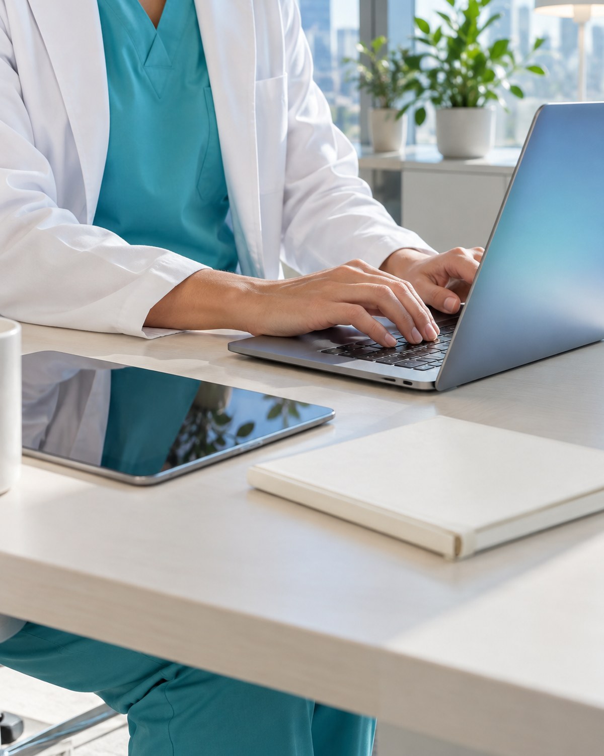 Clinician in teal scrubs typing on a laptop
