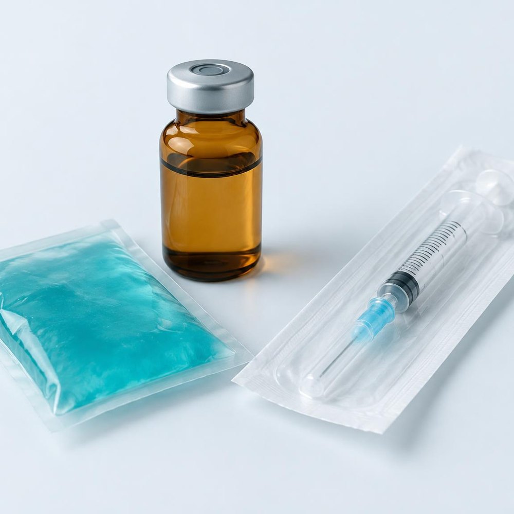 Amber glass vial beside a sealed syringe and a teal cold pack