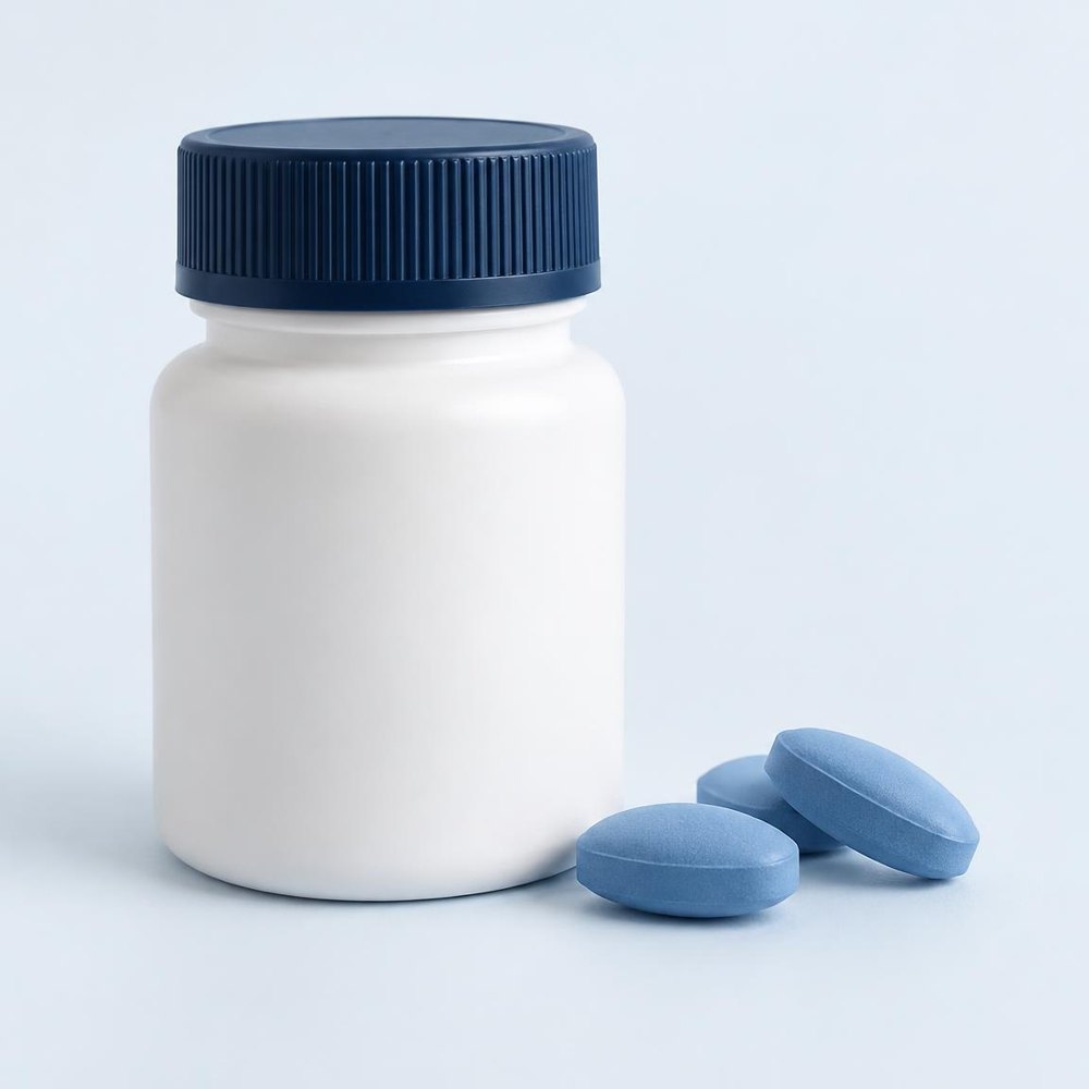 Compact white bottle with a navy cap beside blue tablets