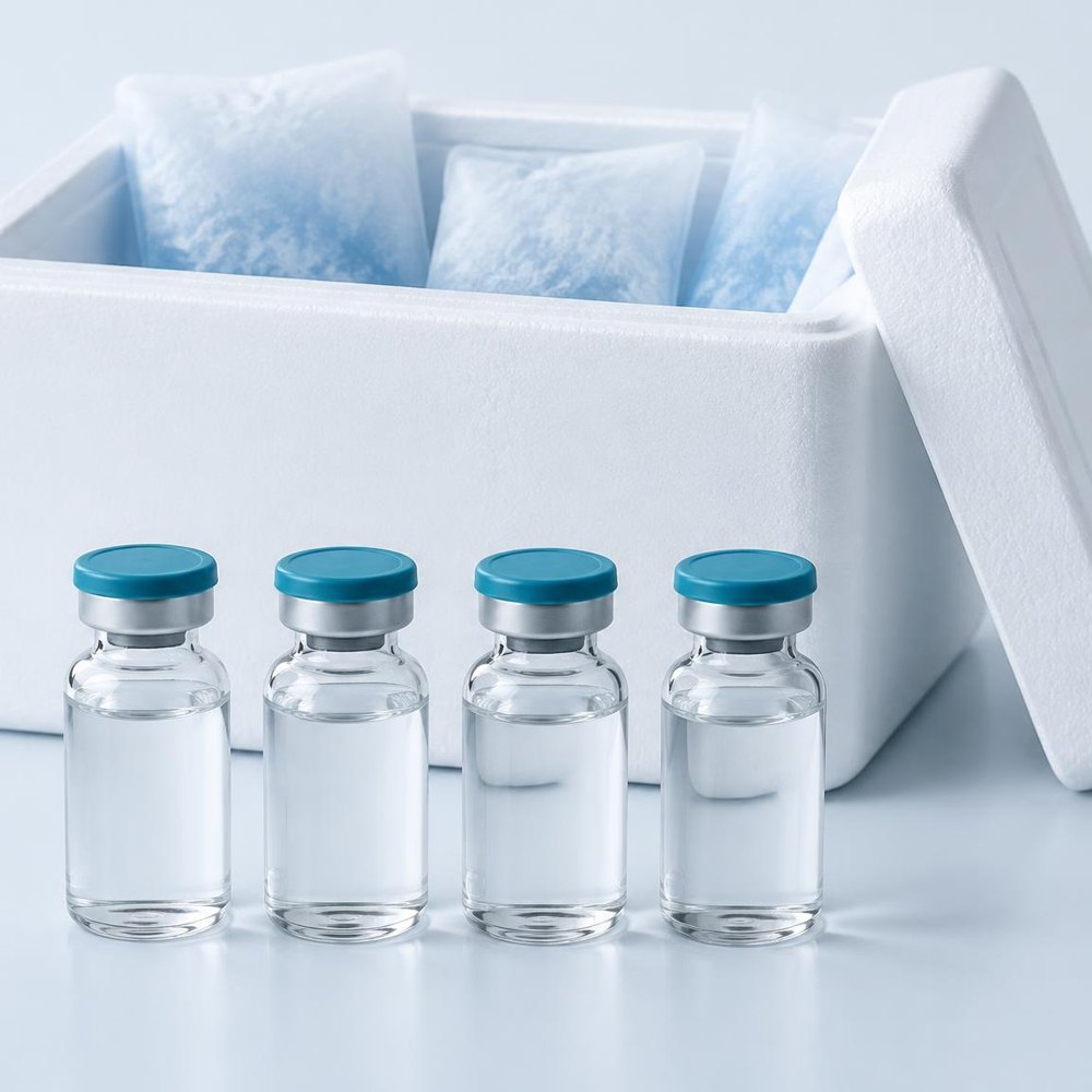 Four clear glass vials with teal caps in front of a white cold-shipping box