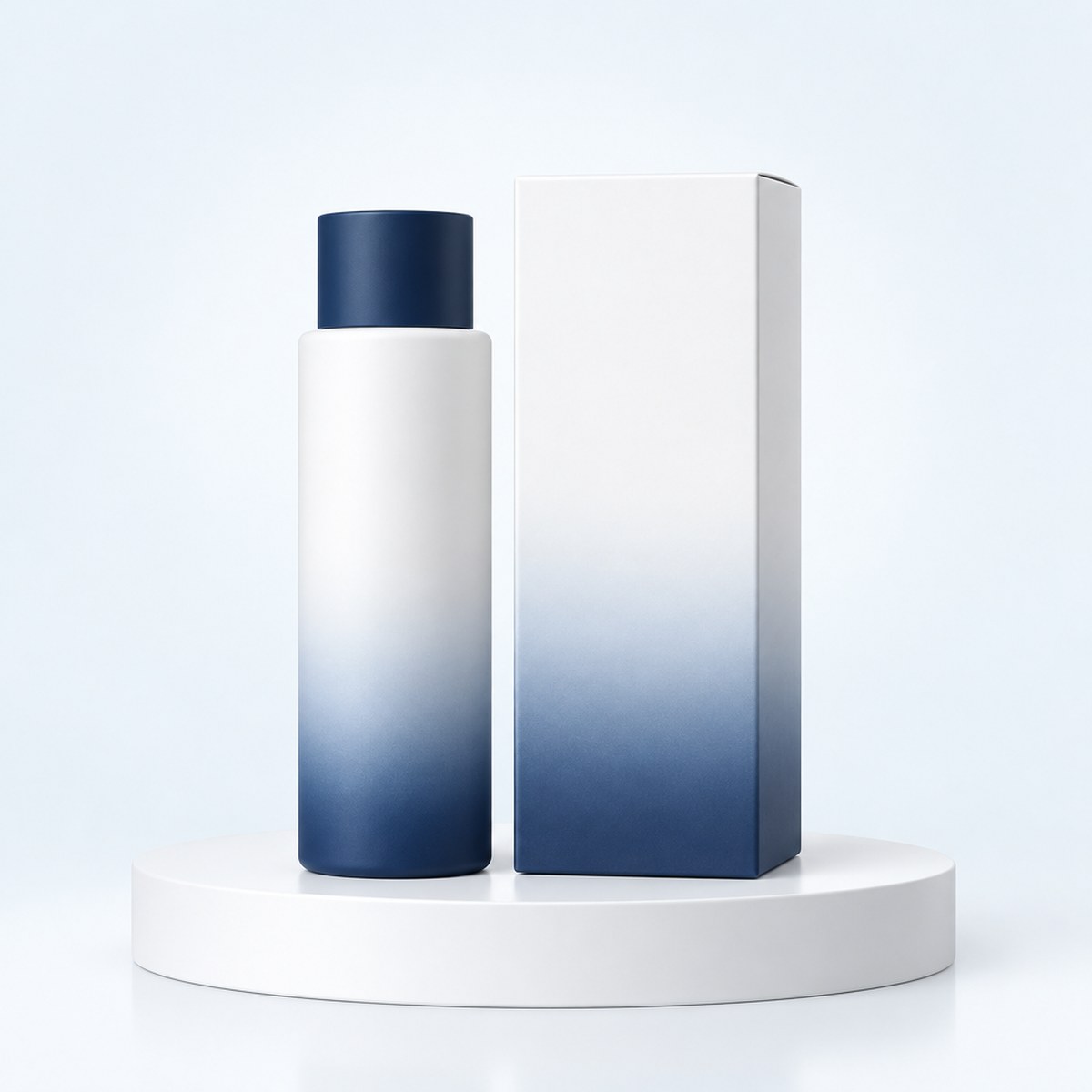 Tall white bottle with a navy cap beside a white carton