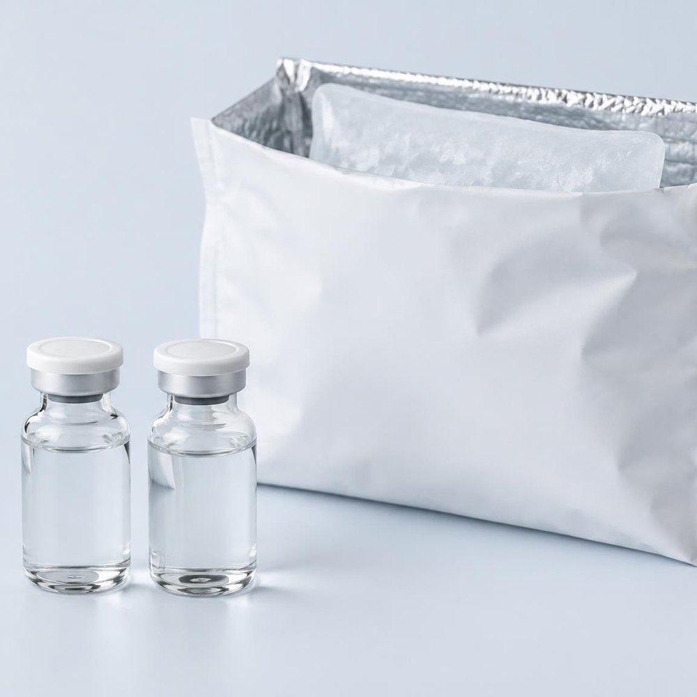 Two clear glass vials beside a white insulated cold-shipping pouch