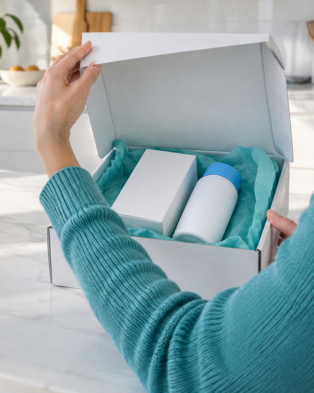 Hands opening a plain white delivery box