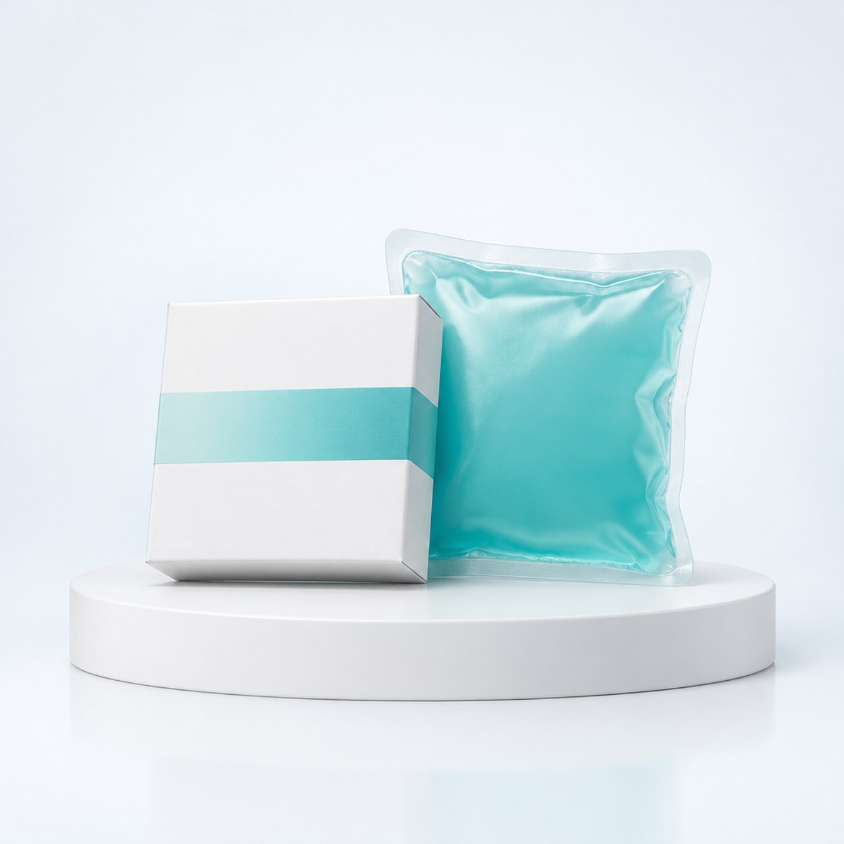 Small white carton with a teal band beside a teal cold pack