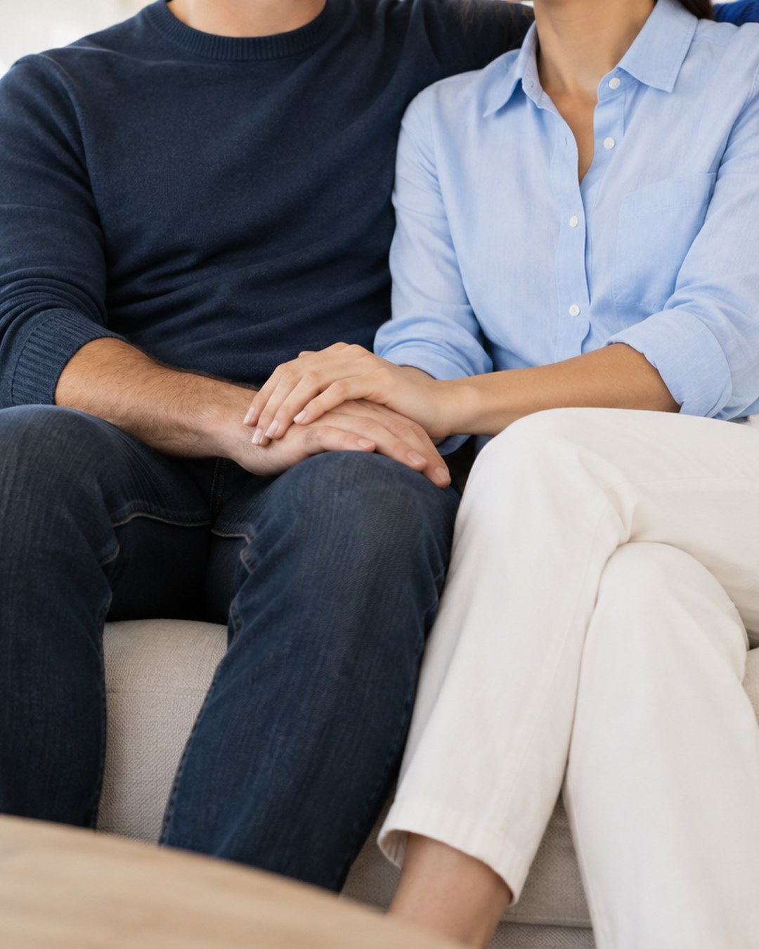 Couple sitting close on a sofa holding hands