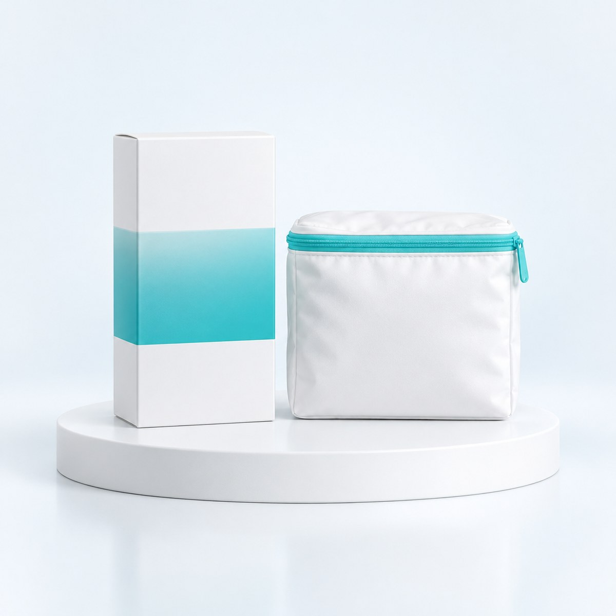 White carton with a teal band and a white cold-shipping pouch