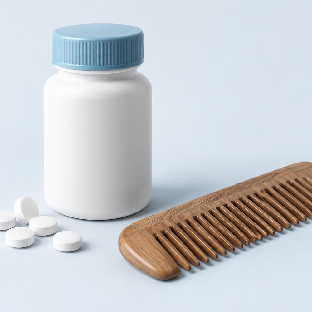 White bottle with a blue cap beside white tablets and a wooden comb