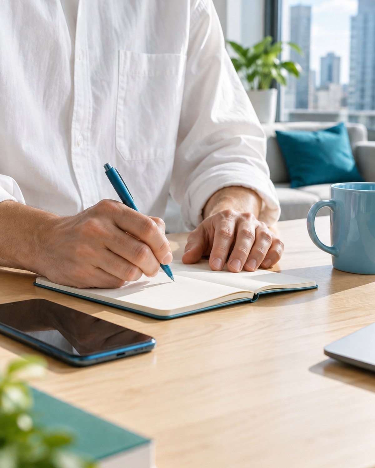 Hands writing goals in a notebook at a desk