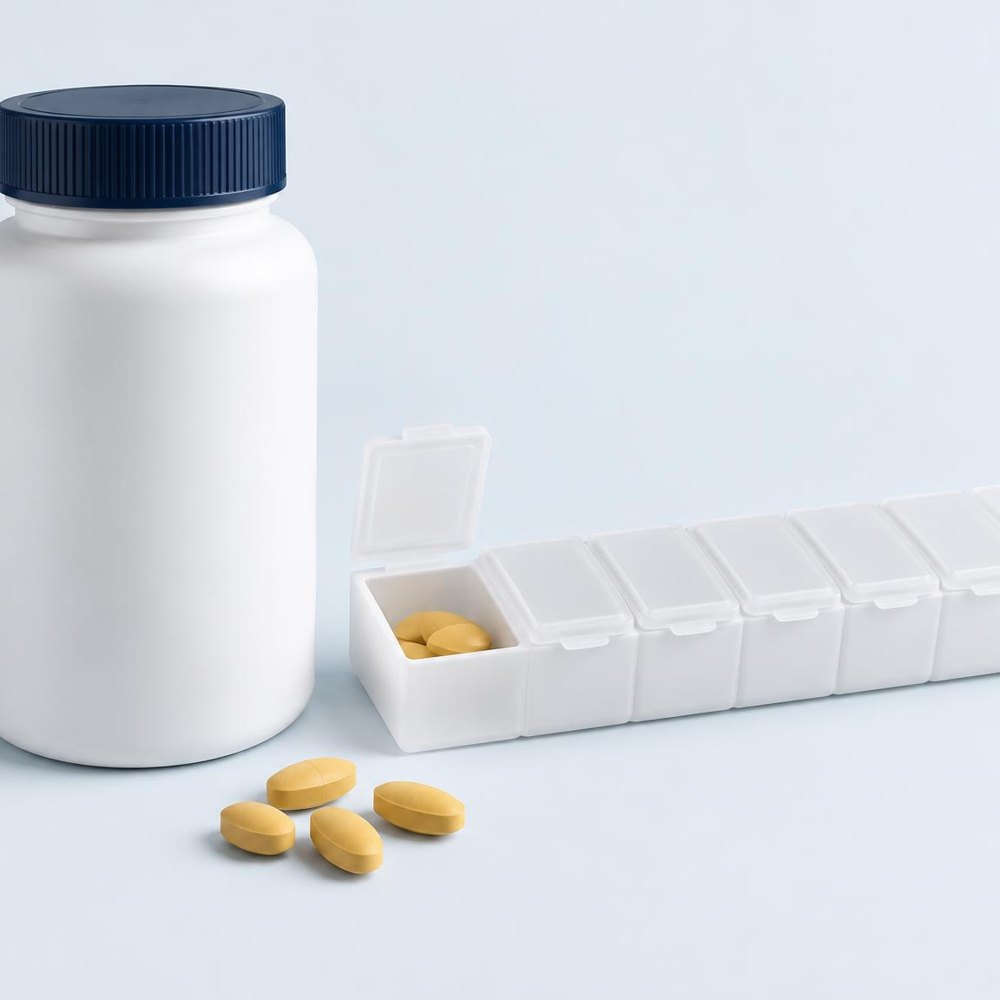 Tall white bottle with a navy cap beside a weekly pill organizer