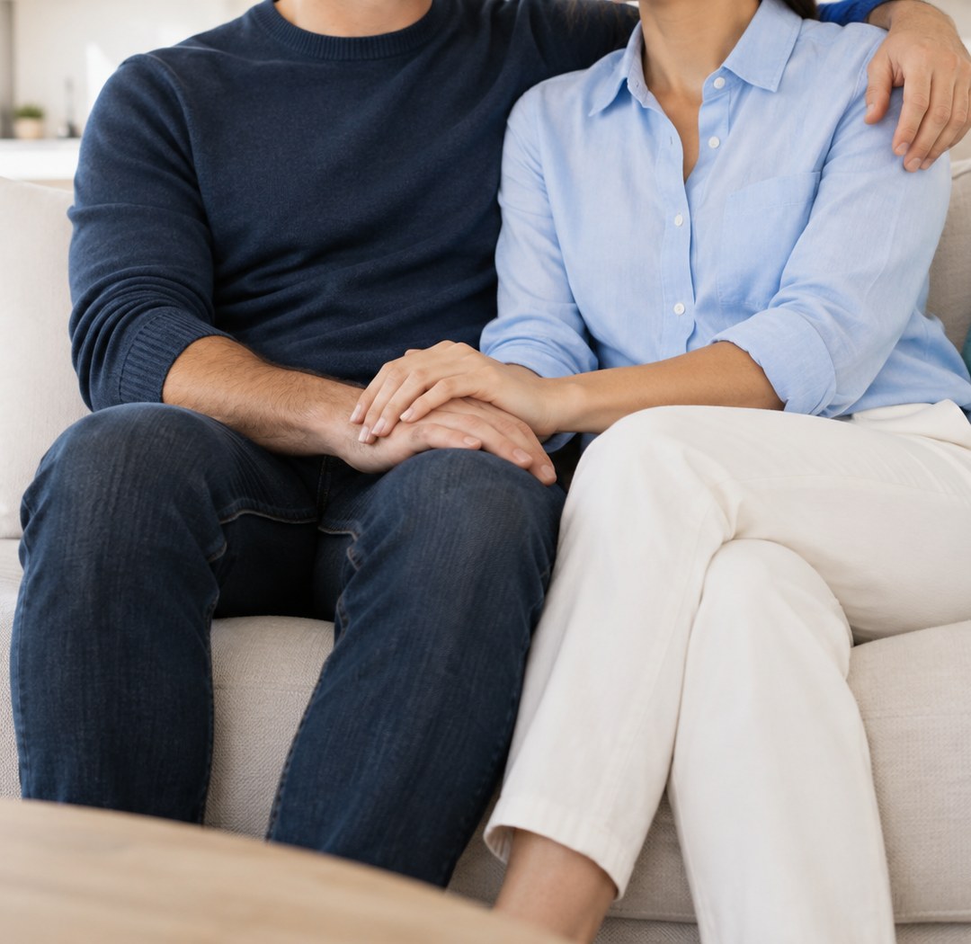 Couple sitting close on a sofa holding hands