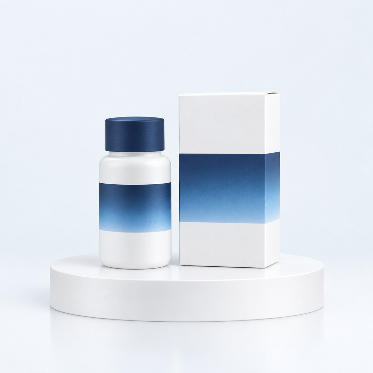 Compact white bottle with a navy cap beside a white carton