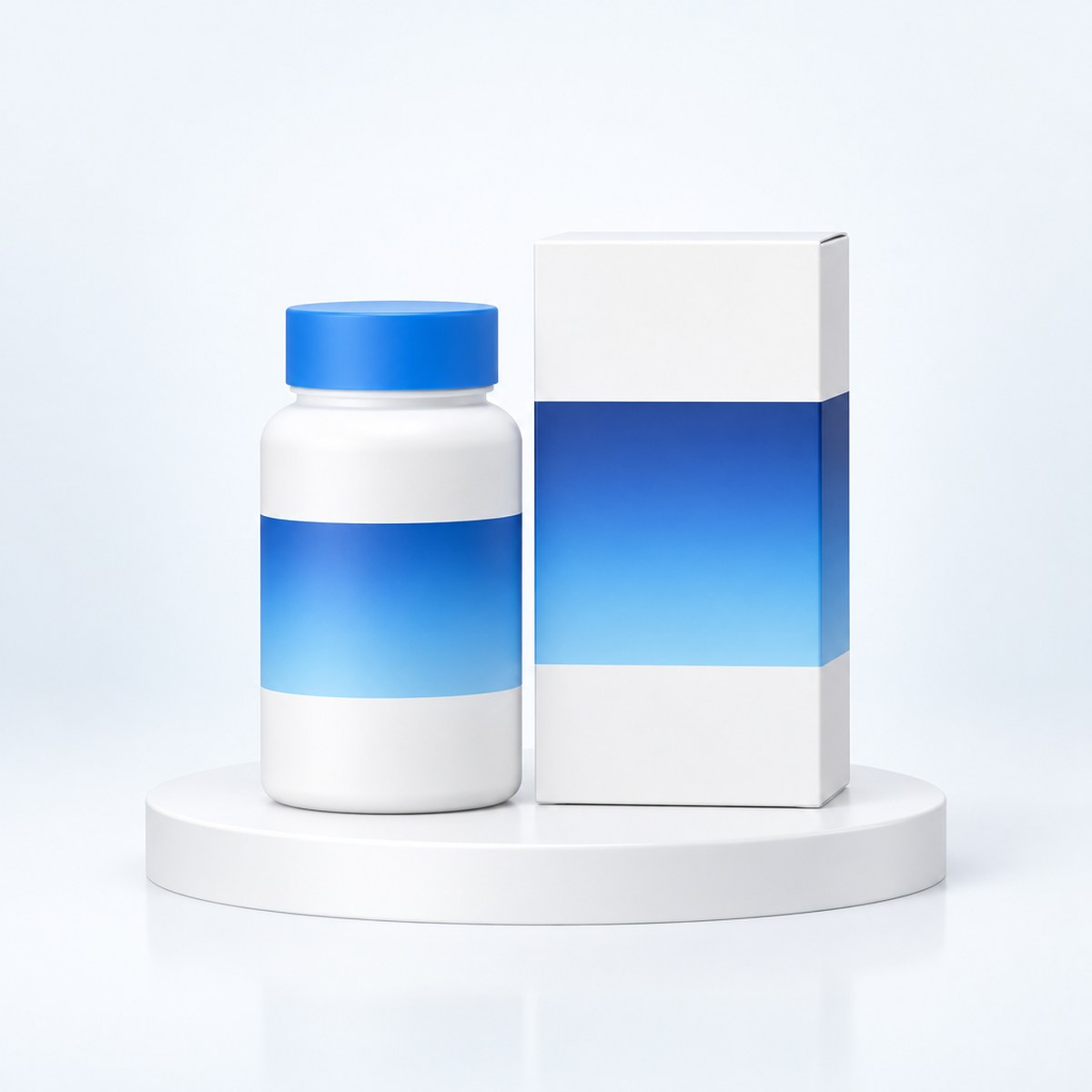 White bottle with a blue cap beside a white carton with a blue band