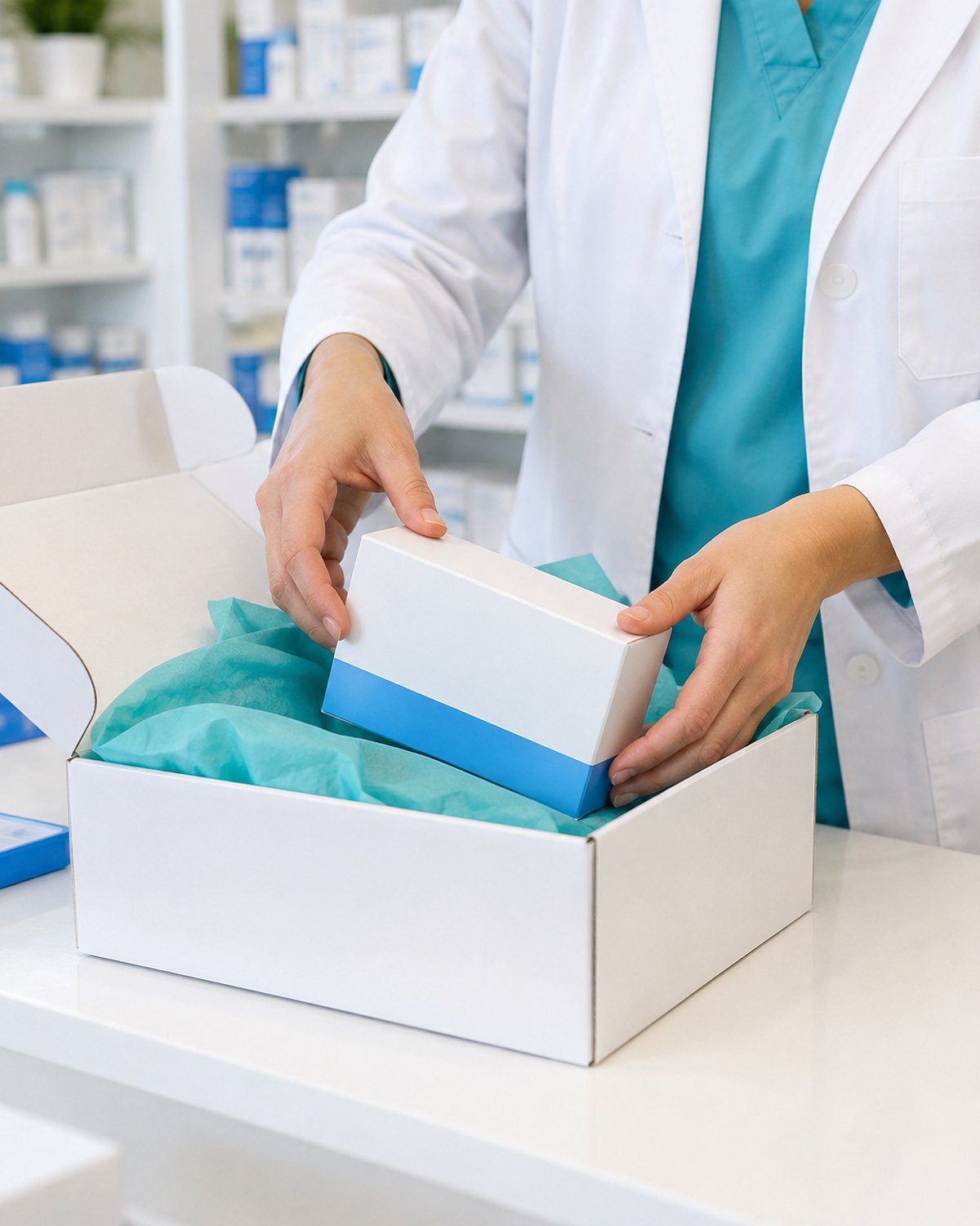 Pharmacist in a white coat packing a white carton into a delivery box