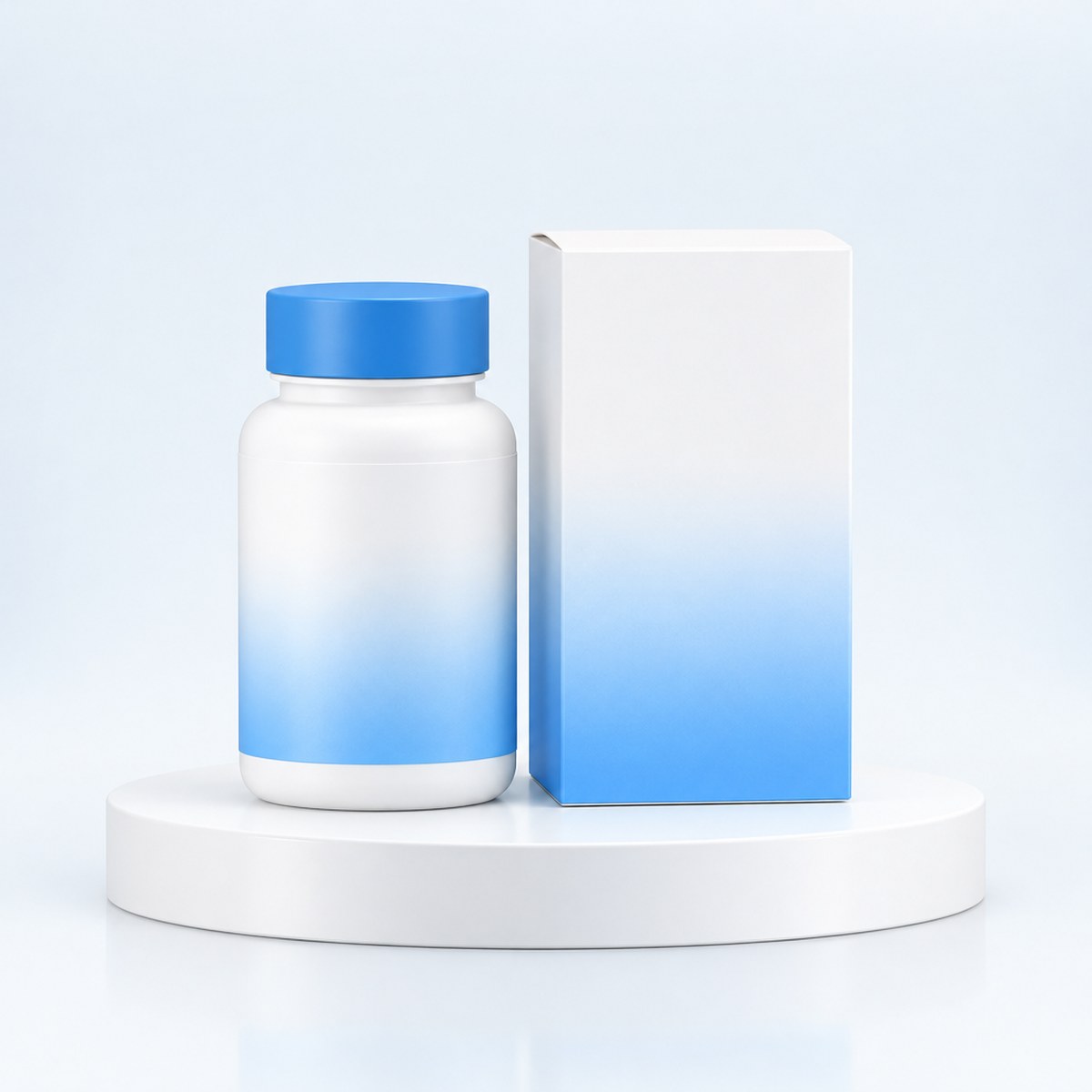 White bottle with a blue cap beside a white carton with a blue band